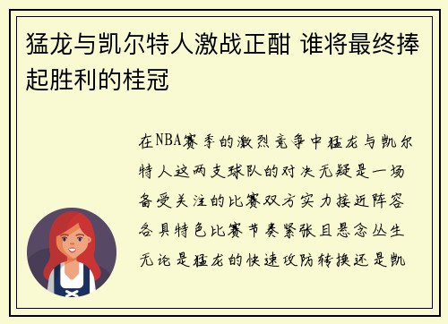 猛龙与凯尔特人激战正酣 谁将最终捧起胜利的桂冠